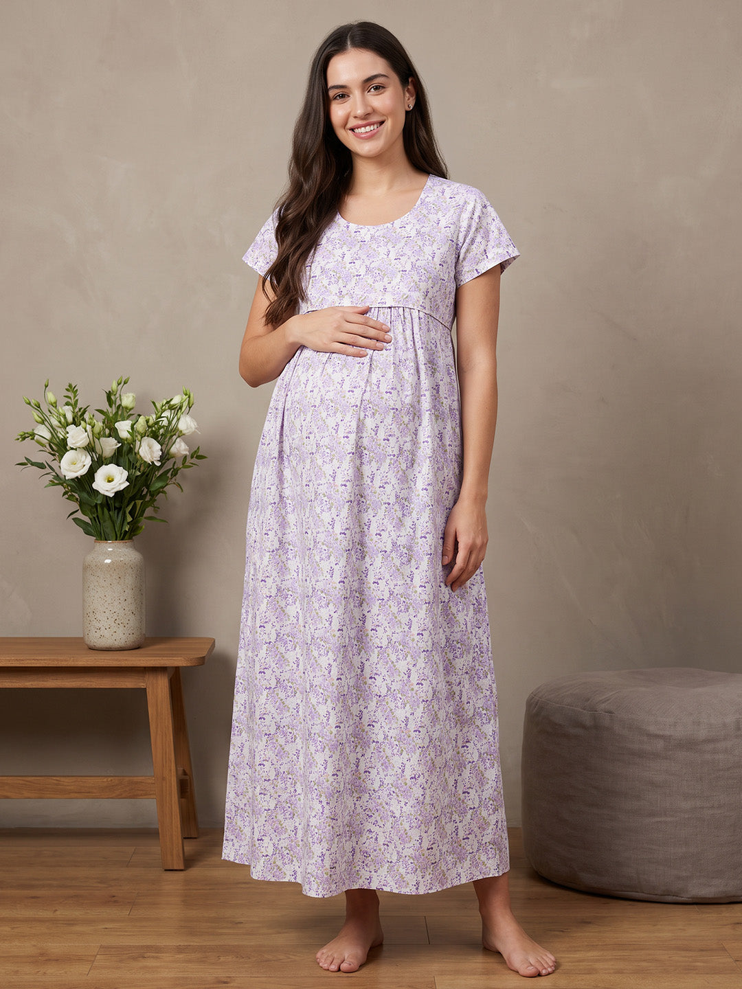 Lavender Floral Cotton Maternity Nighty