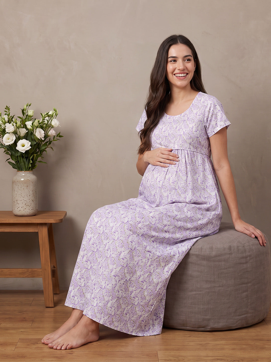 Lavender Floral Cotton Maternity Nighty