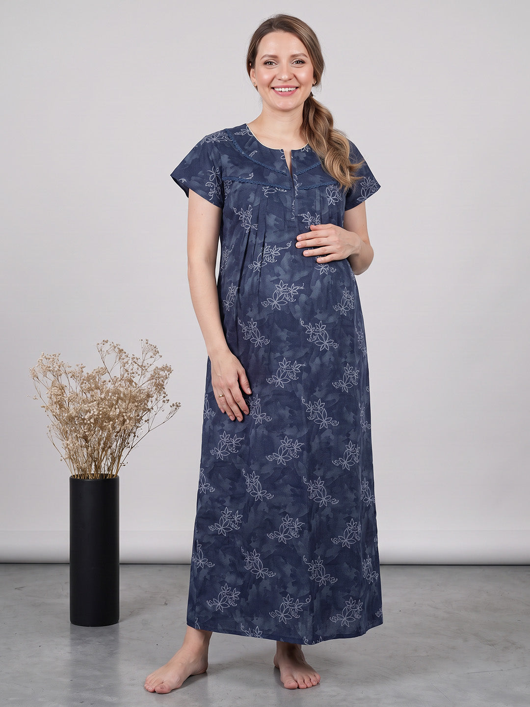 Navy Blue Floral Cotton Maternity Nighty