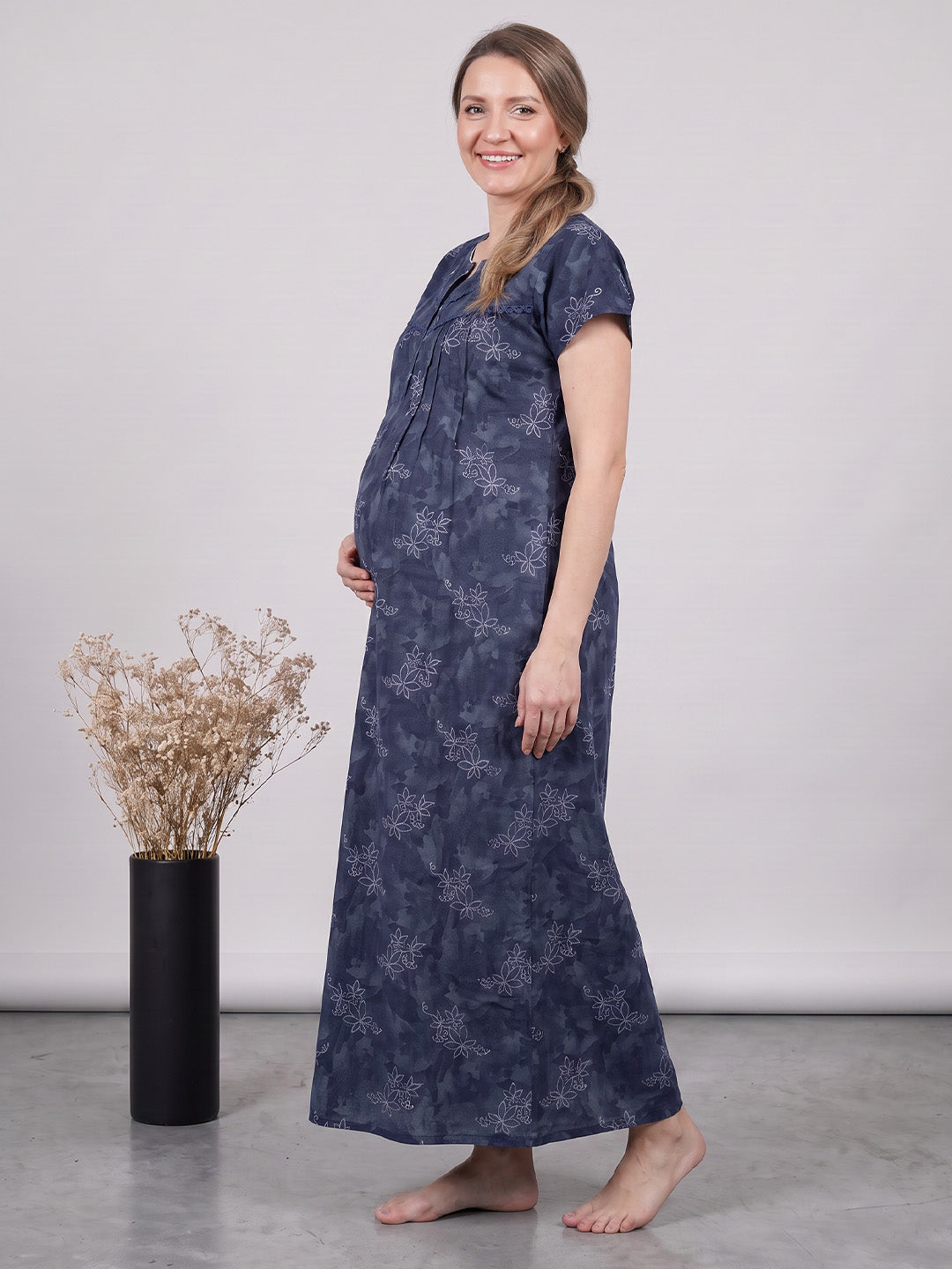 Navy Blue Floral Cotton Maternity Nighty