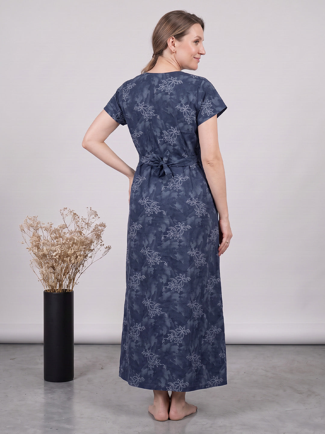 Navy Blue Floral Cotton Maternity Nighty