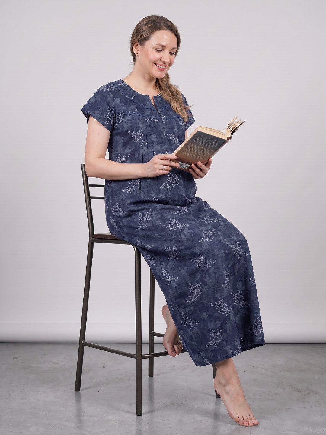 Navy Blue Floral Cotton Maternity Nighty