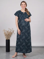 Bottle Green Floral Cotton Maternity Nighty