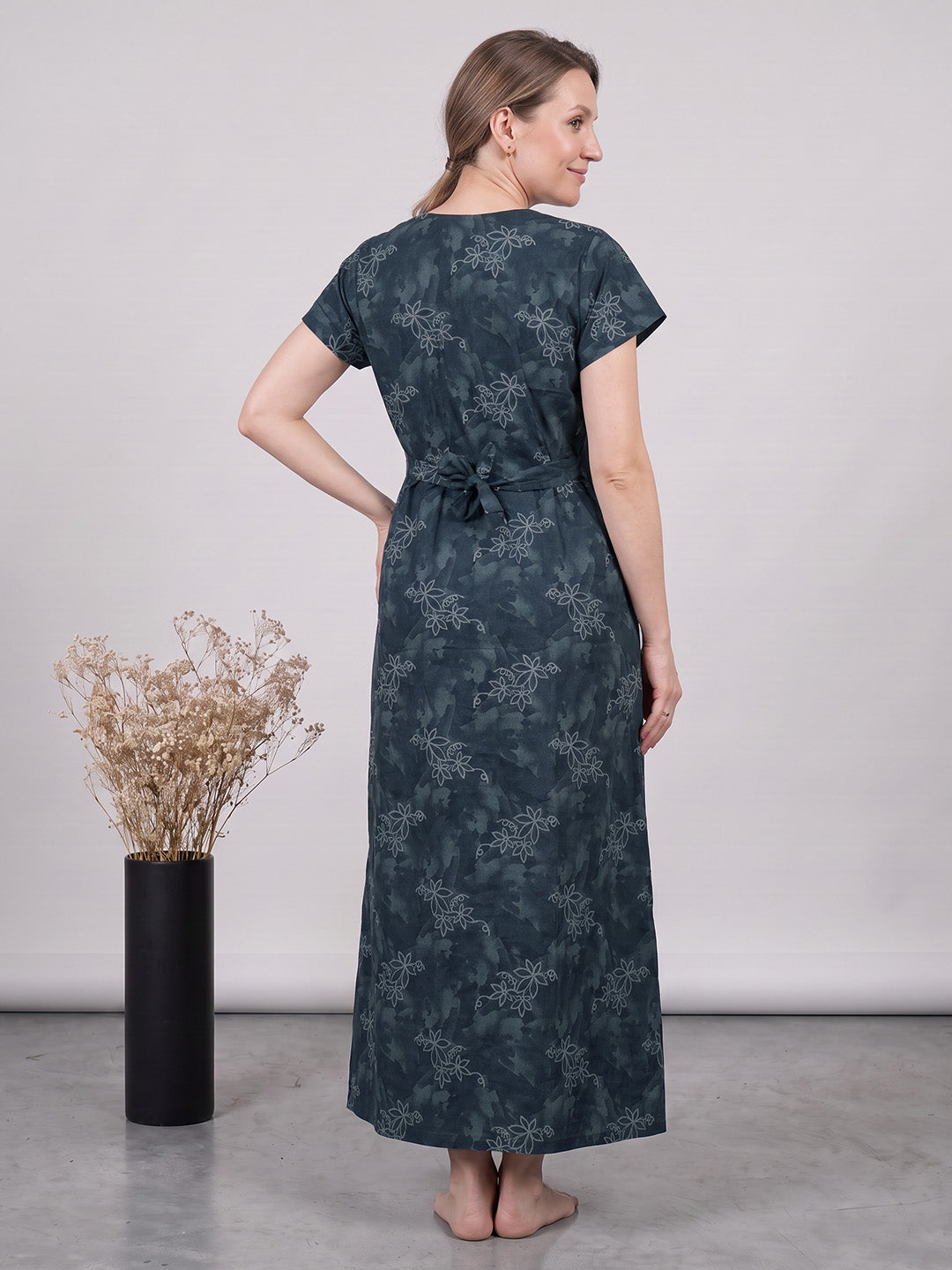 Bottle Green Floral Cotton Maternity Nighty