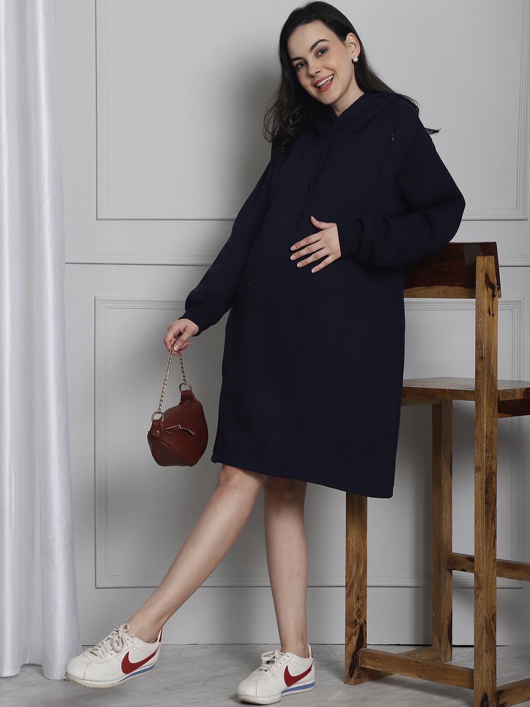 Navy Hoodie Winter Maternity Nightdress