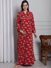 Red Printed Woolen Maternity Nighty
