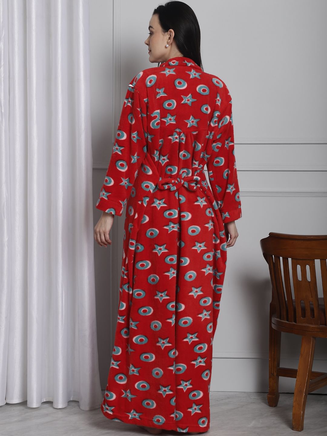 Red Printed Woolen Maternity Nighty