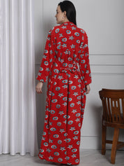 Red Printed Woolen Maternity Nighty