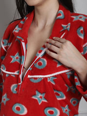 Red Printed Woolen Maternity Nighty