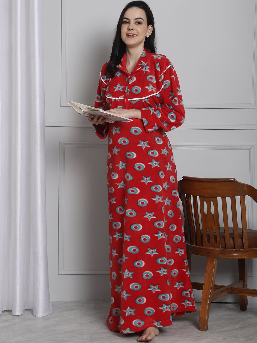 Red Printed Woolen Maternity Nighty