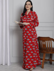 Red Printed Woolen Maternity Nighty