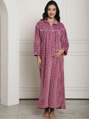 Pink Printed Woolen Maternity Nighty