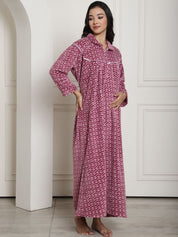 Pink Printed Woolen Maternity Nighty