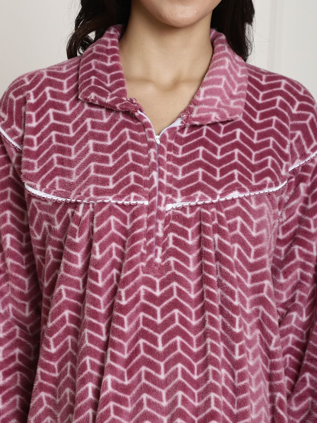 Pink Printed Woolen Maternity Nighty
