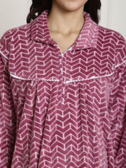 Pink Printed Woolen Maternity Nighty