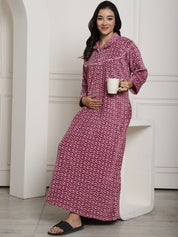 Pink Printed Woolen Maternity Nighty