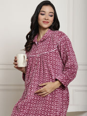 Pink Printed Woolen Maternity Nighty