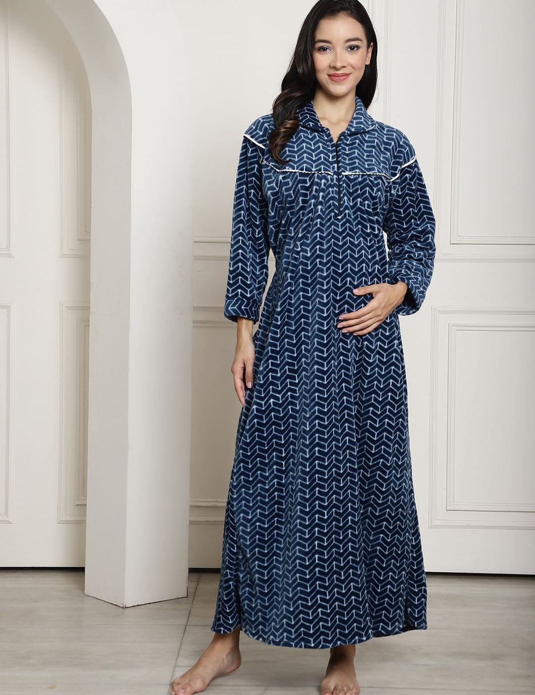Blue Printed Woolen Maternity Nighty