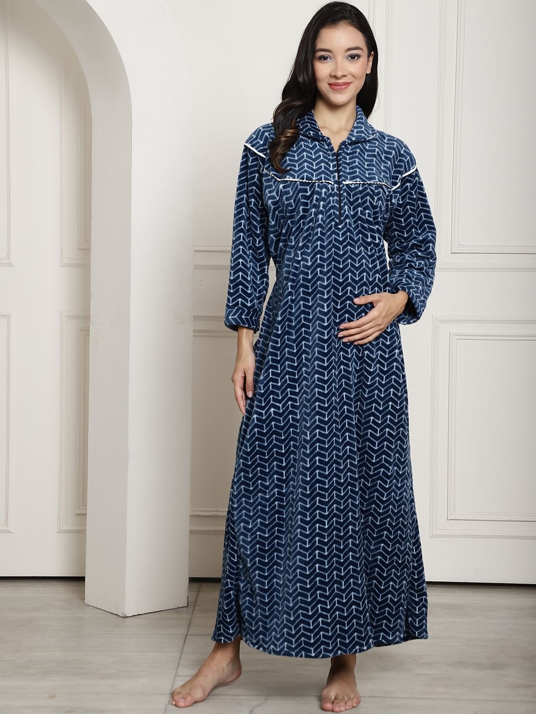 Blue Printed Woolen Maternity Nighty