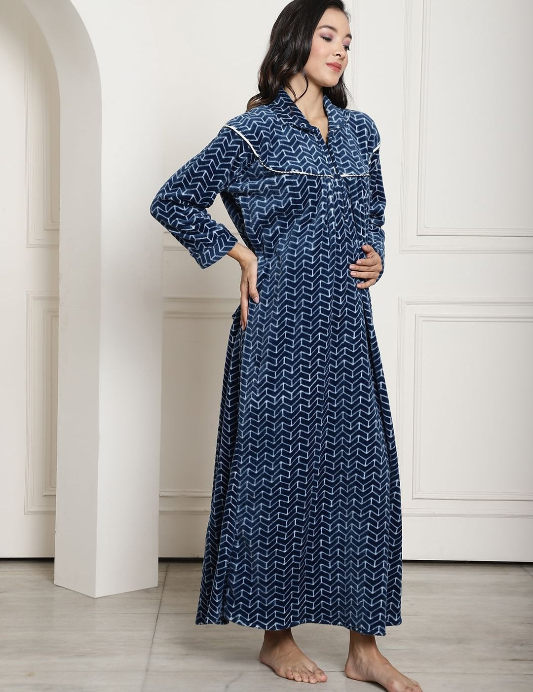 Blue Printed Woolen Maternity Nighty