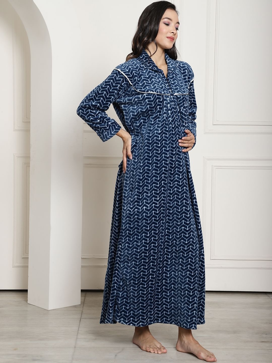 Blue Printed Woolen Maternity Nighty