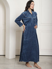 Blue Printed Woolen Maternity Nighty