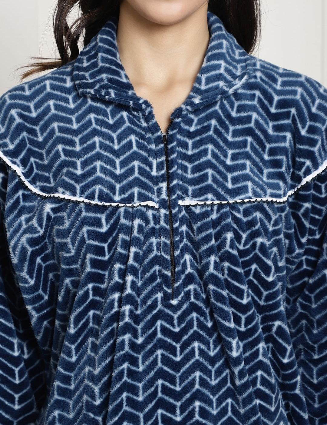 Blue Printed Woolen Maternity Nighty