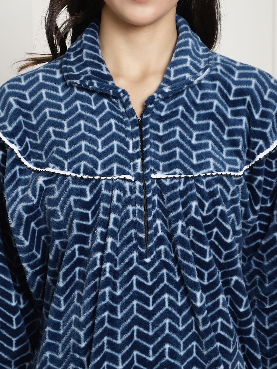 Blue Printed Woolen Maternity Nighty