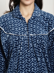 Blue Printed Woolen Maternity Nighty
