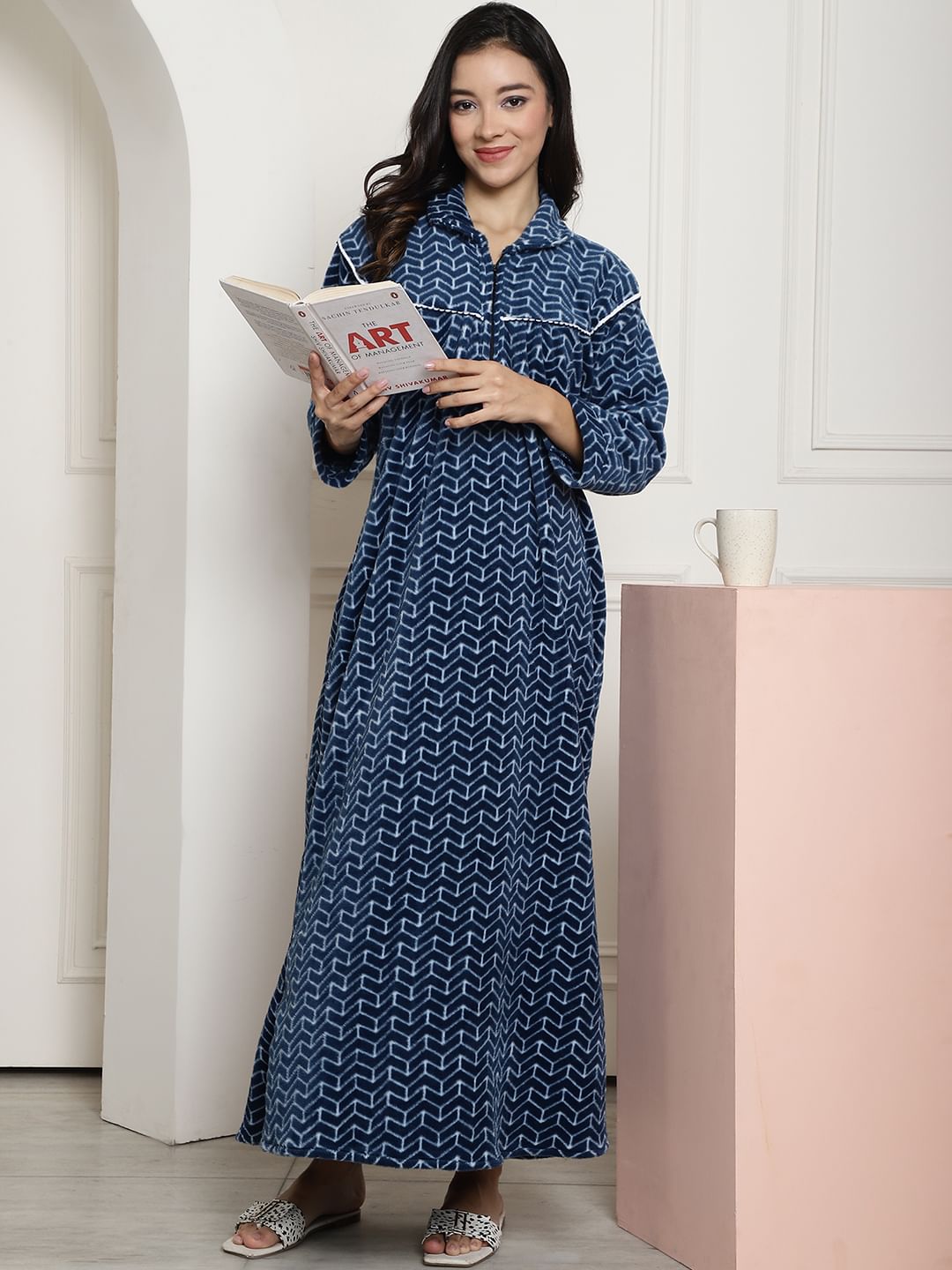 Blue Printed Woolen Maternity Nighty