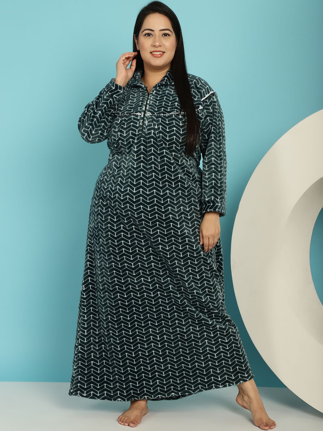 Green Printed Woolen Plus size Nighty