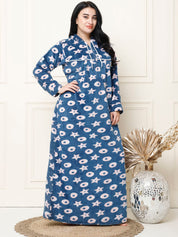 Printed Blue Woolen Plus Size Winter Nighty with Hoodie