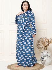 Printed Blue Woolen Plus Size Winter Nighty with Hoodie