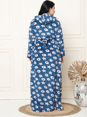Printed Blue Woolen Plus Size Winter Nighty with Hoodie