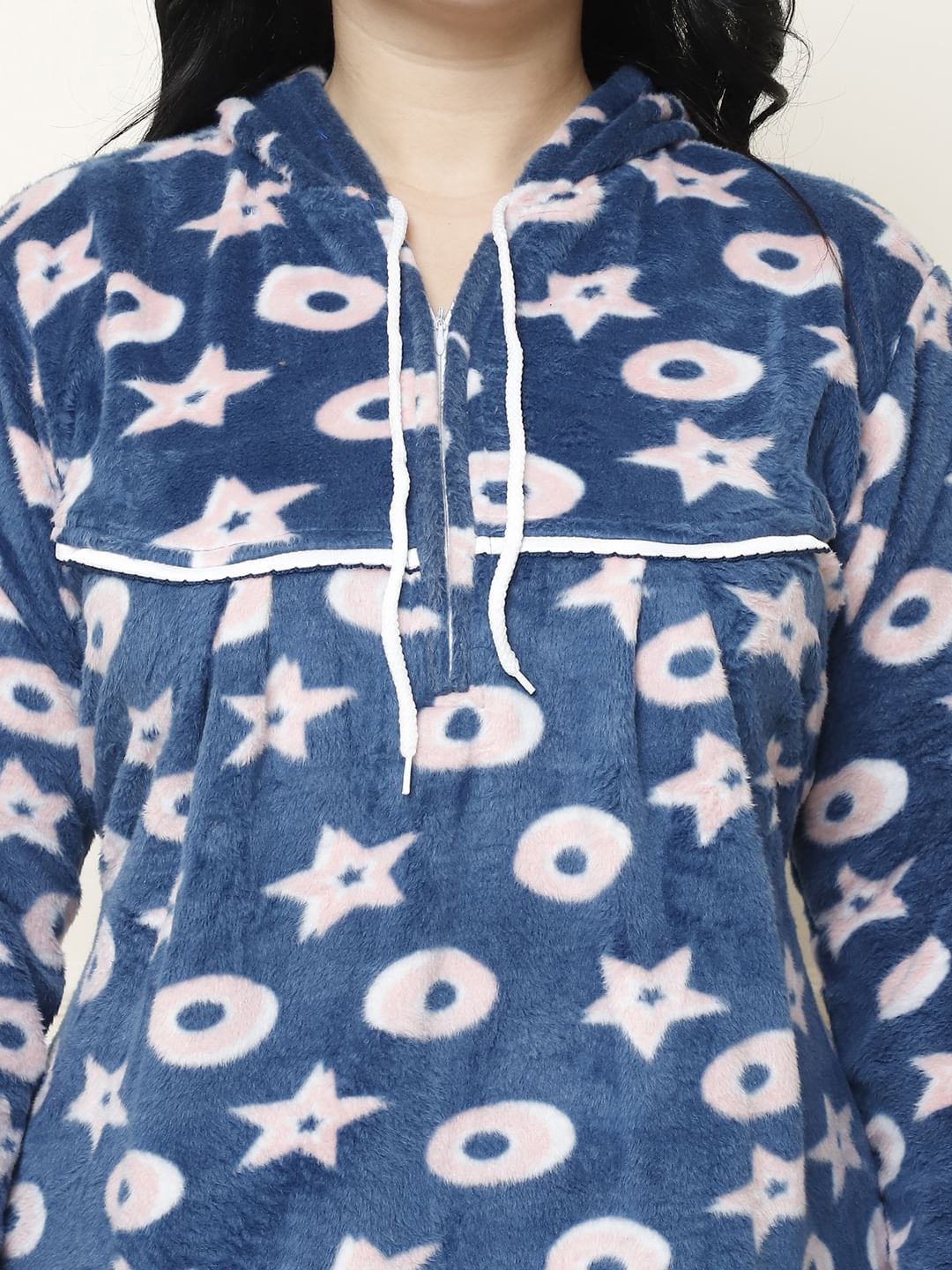 Printed Blue Woolen Plus Size Winter Nighty with Hoodie