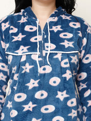 Printed Blue Woolen Plus Size Winter Nighty with Hoodie
