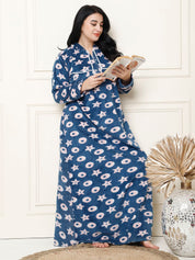 Printed Blue Woolen Plus Size Winter Nighty with Hoodie