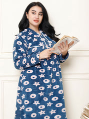 Printed Blue Woolen Plus Size Winter Nighty with Hoodie