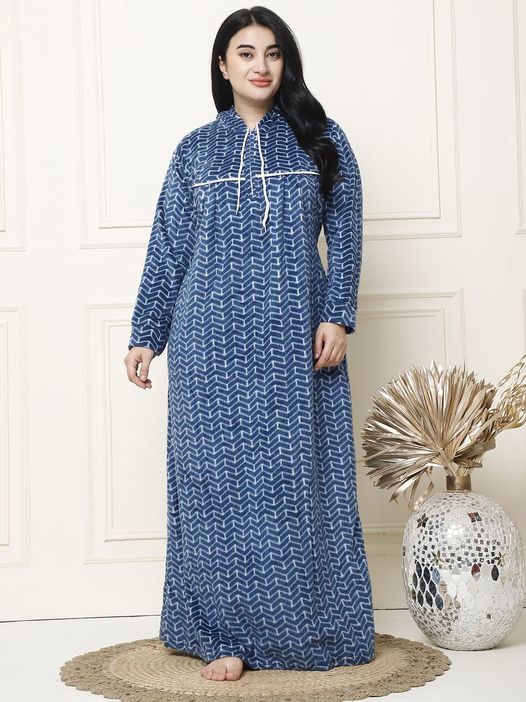 Geometric Print Blue Woolen Plus Size Winter Nighty with Hoodie