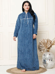 Geometric Print Blue Woolen Plus Size Winter Nighty with Hoodie