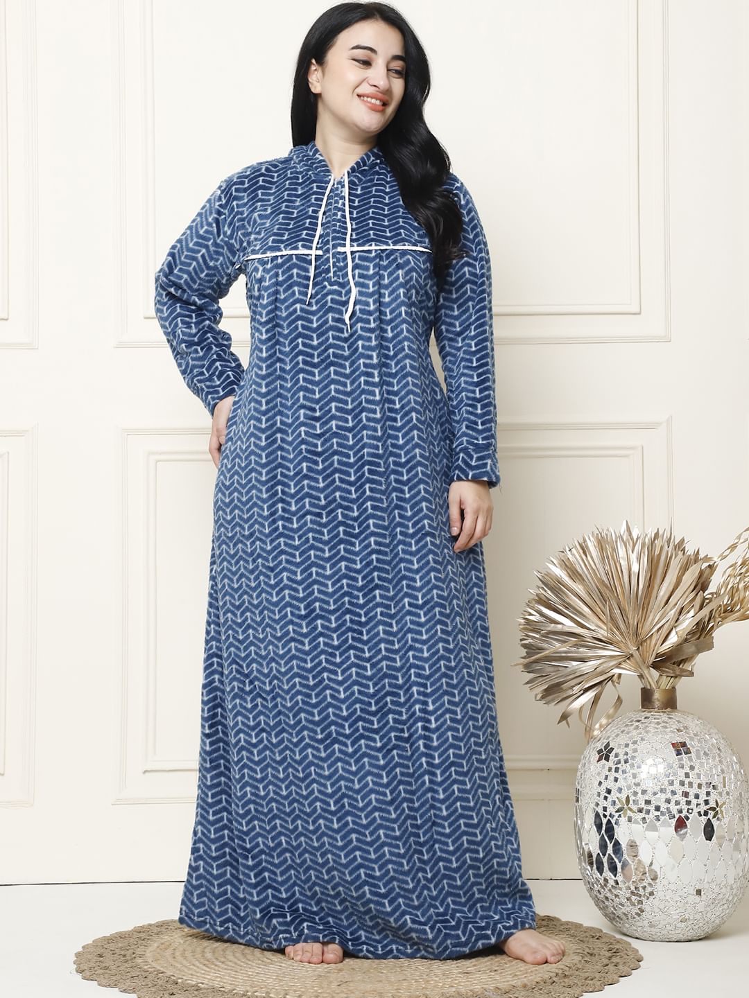 Geometric Print Blue Woolen Plus Size Winter Nighty with Hoodie