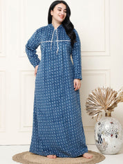 Geometric Print Blue Woolen Plus Size Winter Nighty with Hoodie