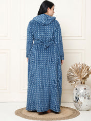 Geometric Print Blue Woolen Plus Size Winter Nighty with Hoodie