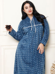 Geometric Print Blue Woolen Plus Size Winter Nighty with Hoodie