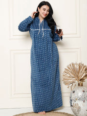 Geometric Print Blue Woolen Plus Size Winter Nighty with Hoodie