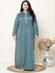 Geometric Print Green Woolen Plus Size Winter Nighty with Hoodie