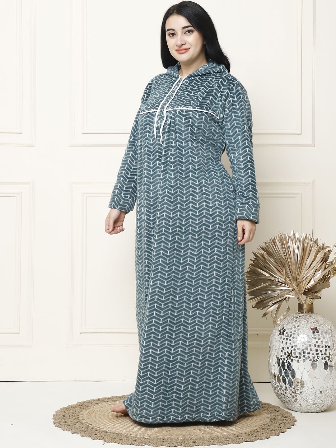 Geometric Print Green Woolen Plus Size Winter Nighty with Hoodie