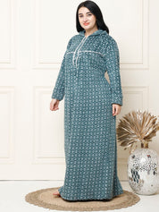 Geometric Print Green Woolen Plus Size Winter Nighty with Hoodie