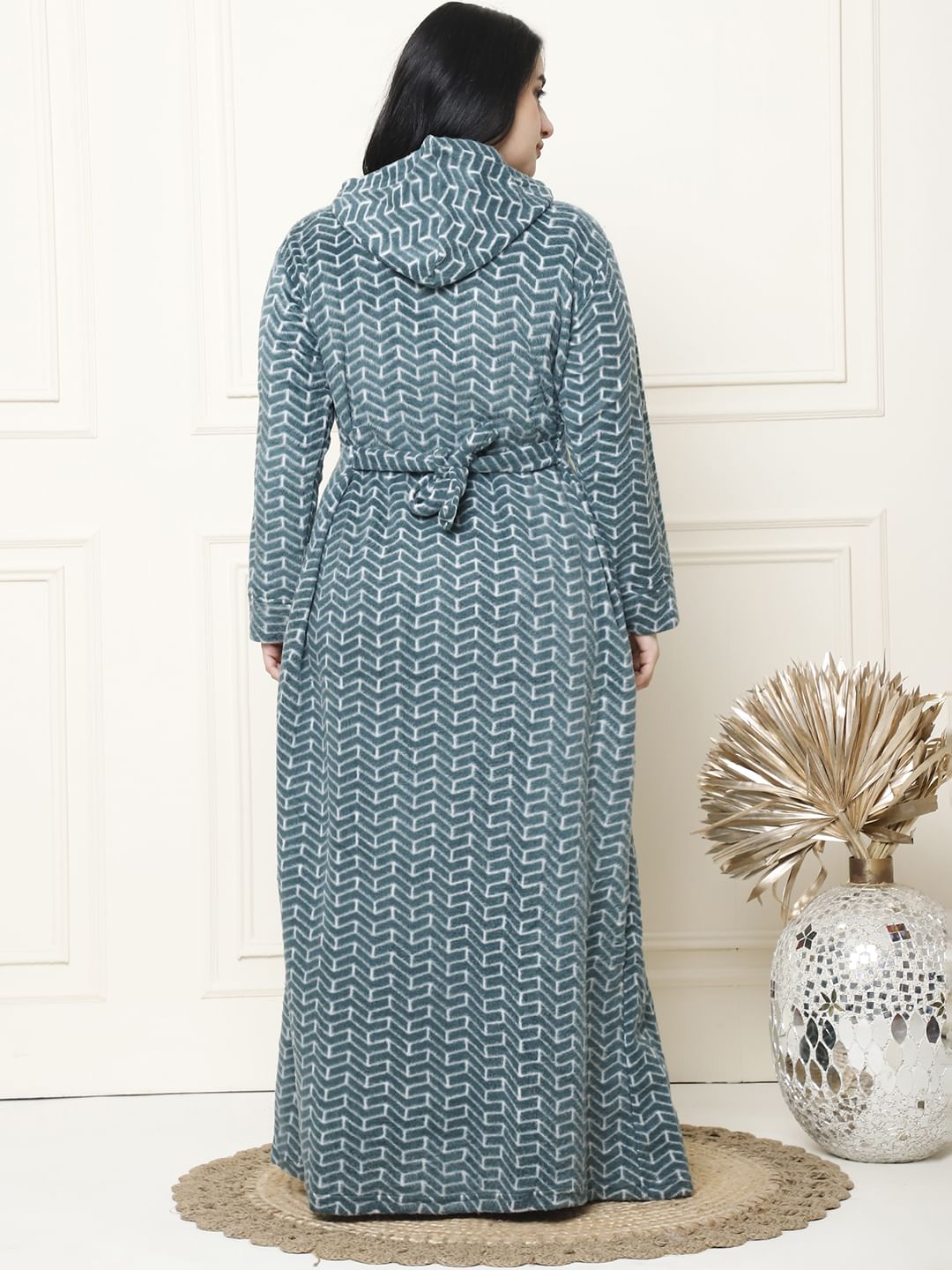 Geometric Print Green Woolen Plus Size Winter Nighty with Hoodie