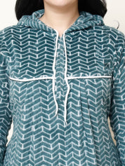 Geometric Print Green Woolen Plus Size Winter Nighty with Hoodie